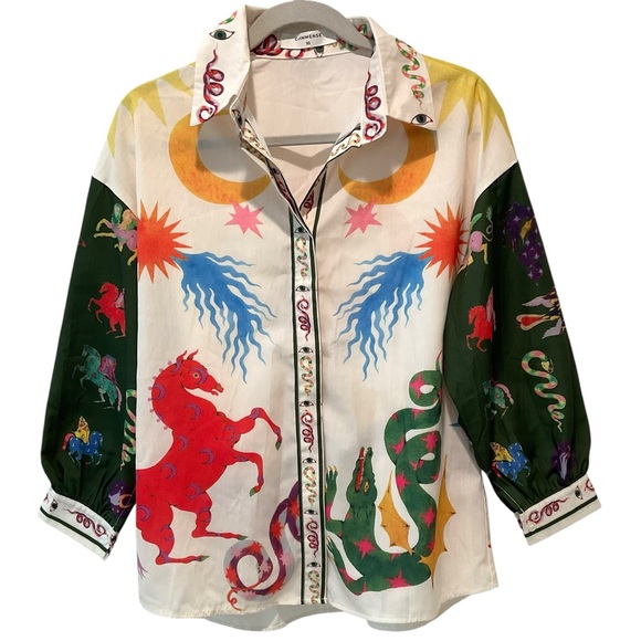 Commense Celestial Zodiac Print Two Piece Set Shirt & Wide Leg Pants XS - Picture 2 of 13